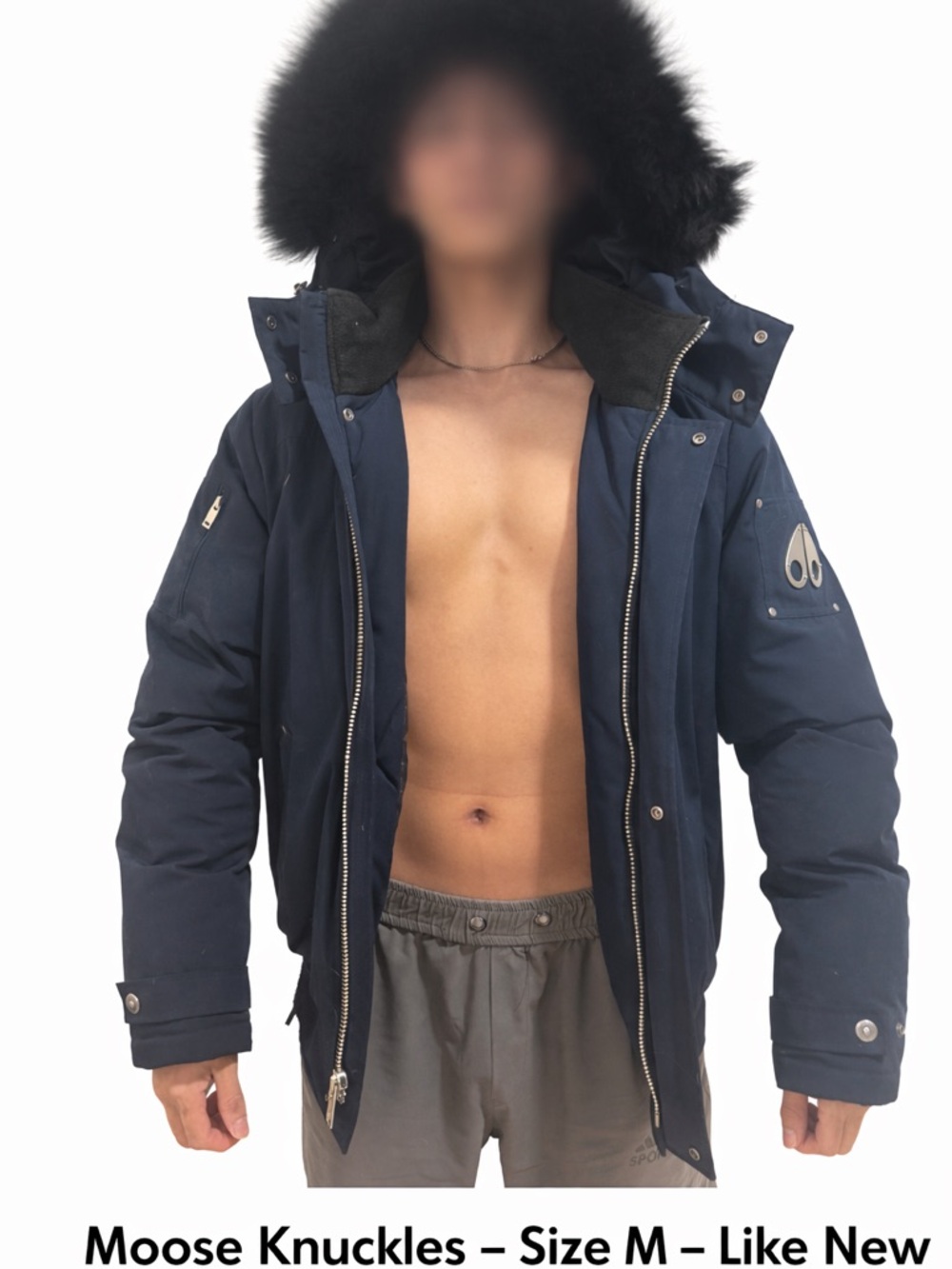 Moose Knuckles Men’s Navy Hooded Puffer with Black Fur Trim